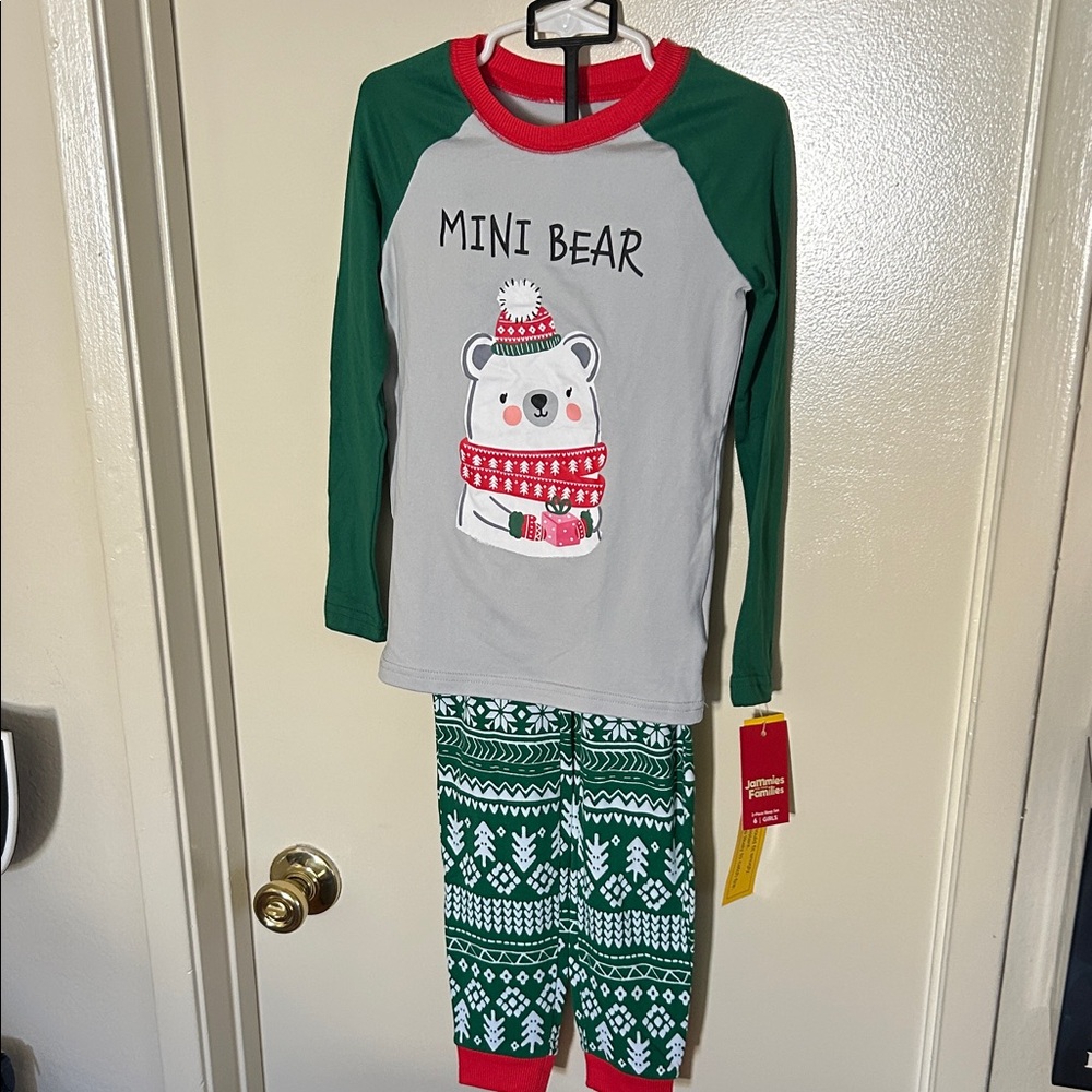 Mini Bear Festive Kids Pajama Set - Red, Green, and Gray